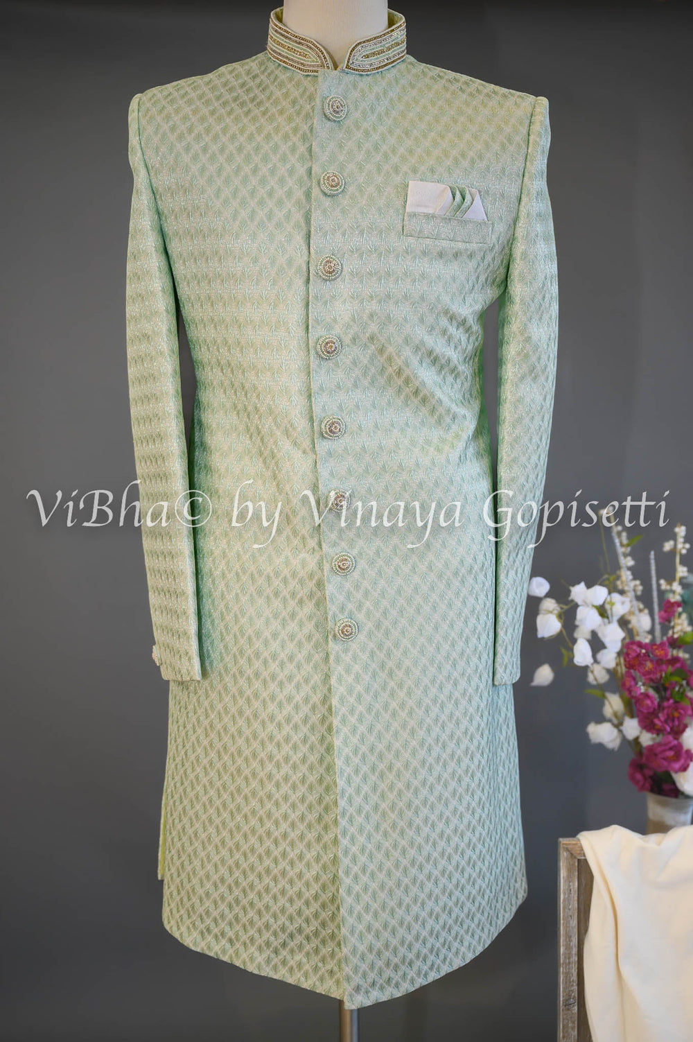 Accessories & Jewelry - Misty Jade Embroidered Silk Sherwani Set