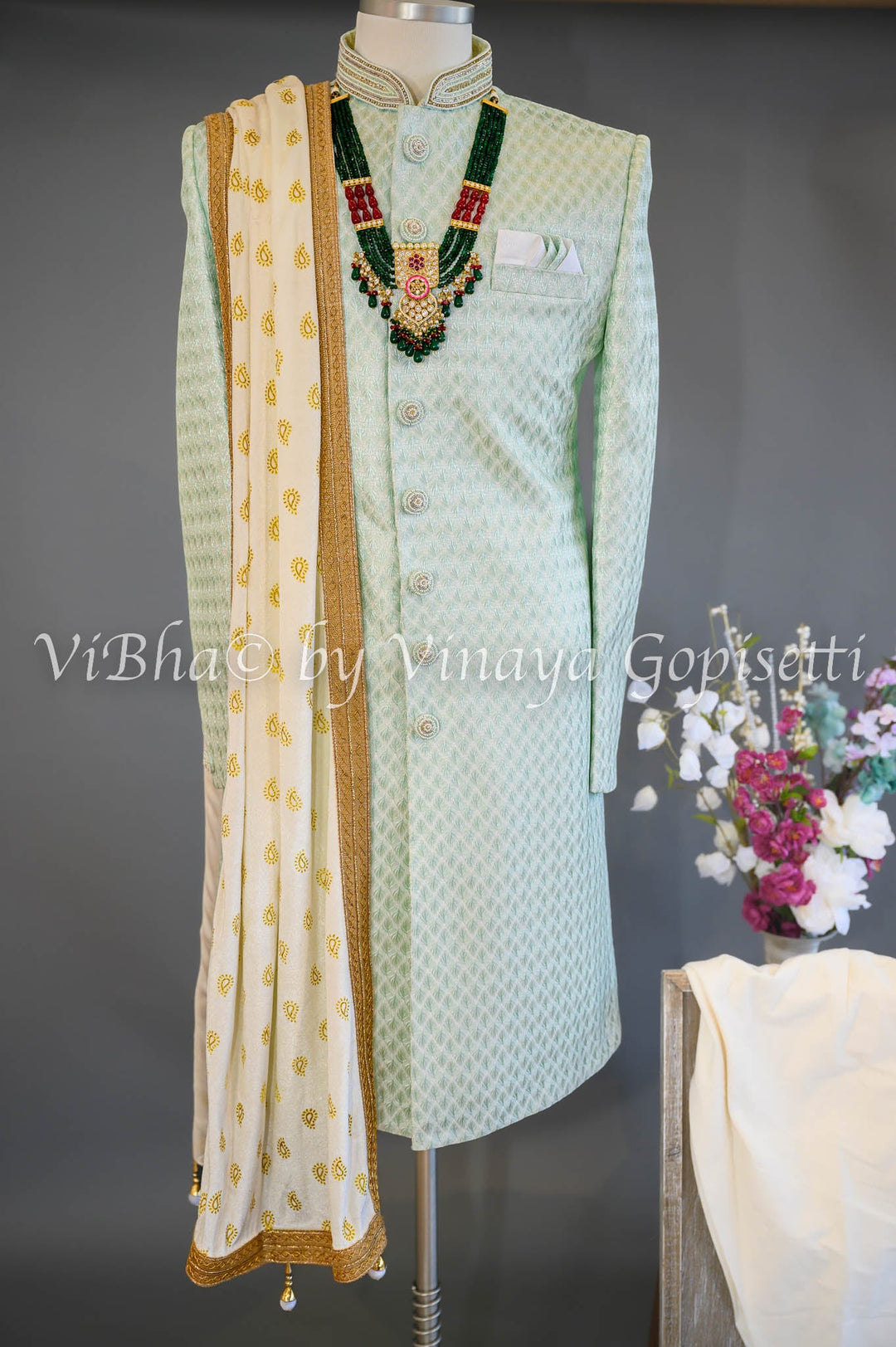 Accessories & Jewelry - Misty Jade Embroidered Silk Sherwani Set