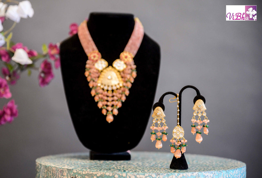 Accessories & Jewelry - Peach Kundan Necklace Set