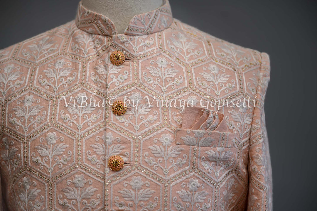 Accessories & Jewelry - Pristine Peach Silk Thread Embroidered Sherwani Set