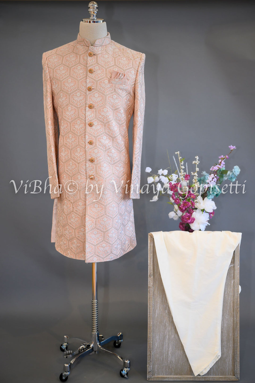 Accessories & Jewelry - Pristine Peach Silk Thread Embroidered Sherwani Set