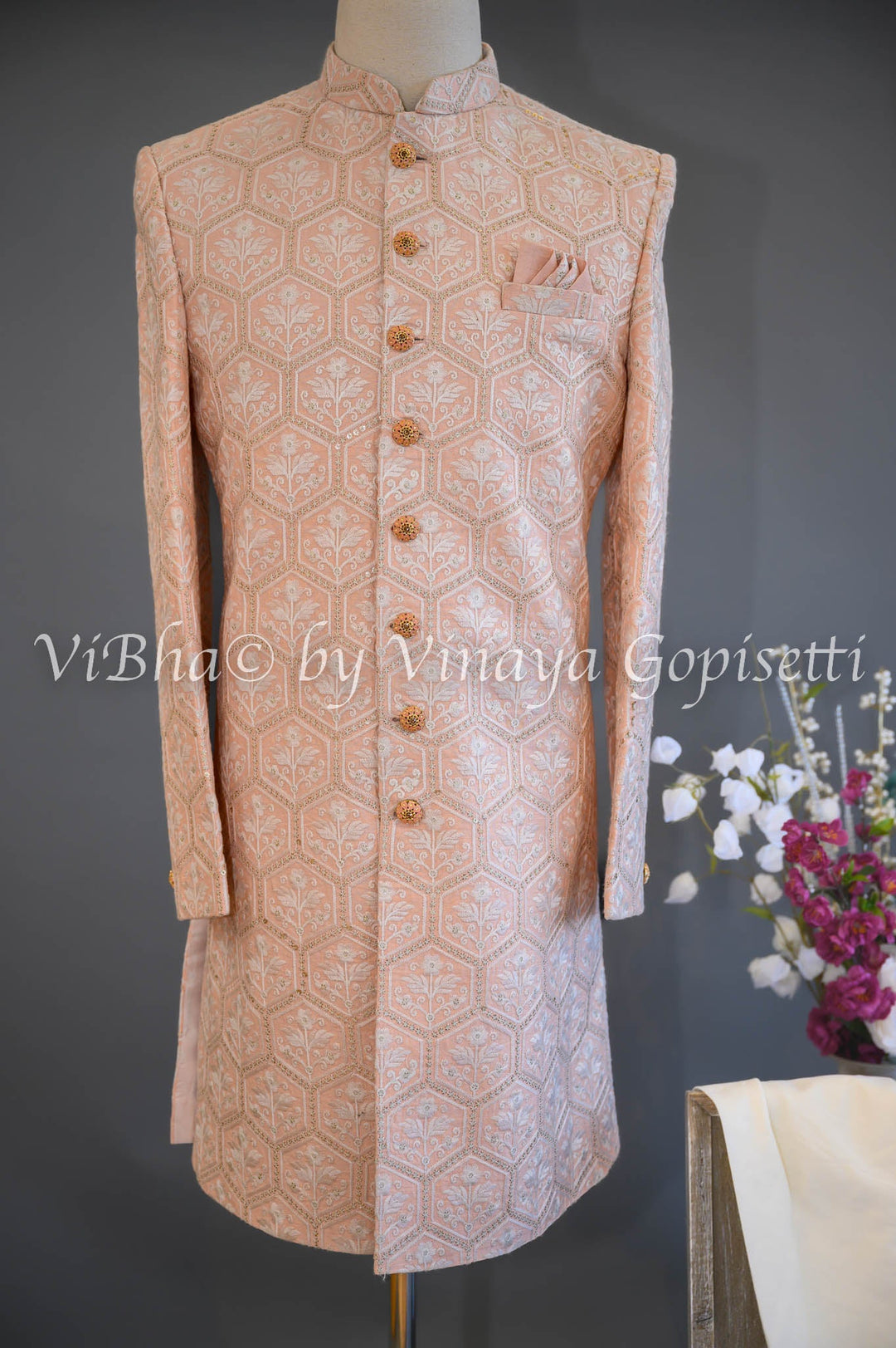 Accessories & Jewelry - Pristine Peach Silk Thread Embroidered Sherwani Set