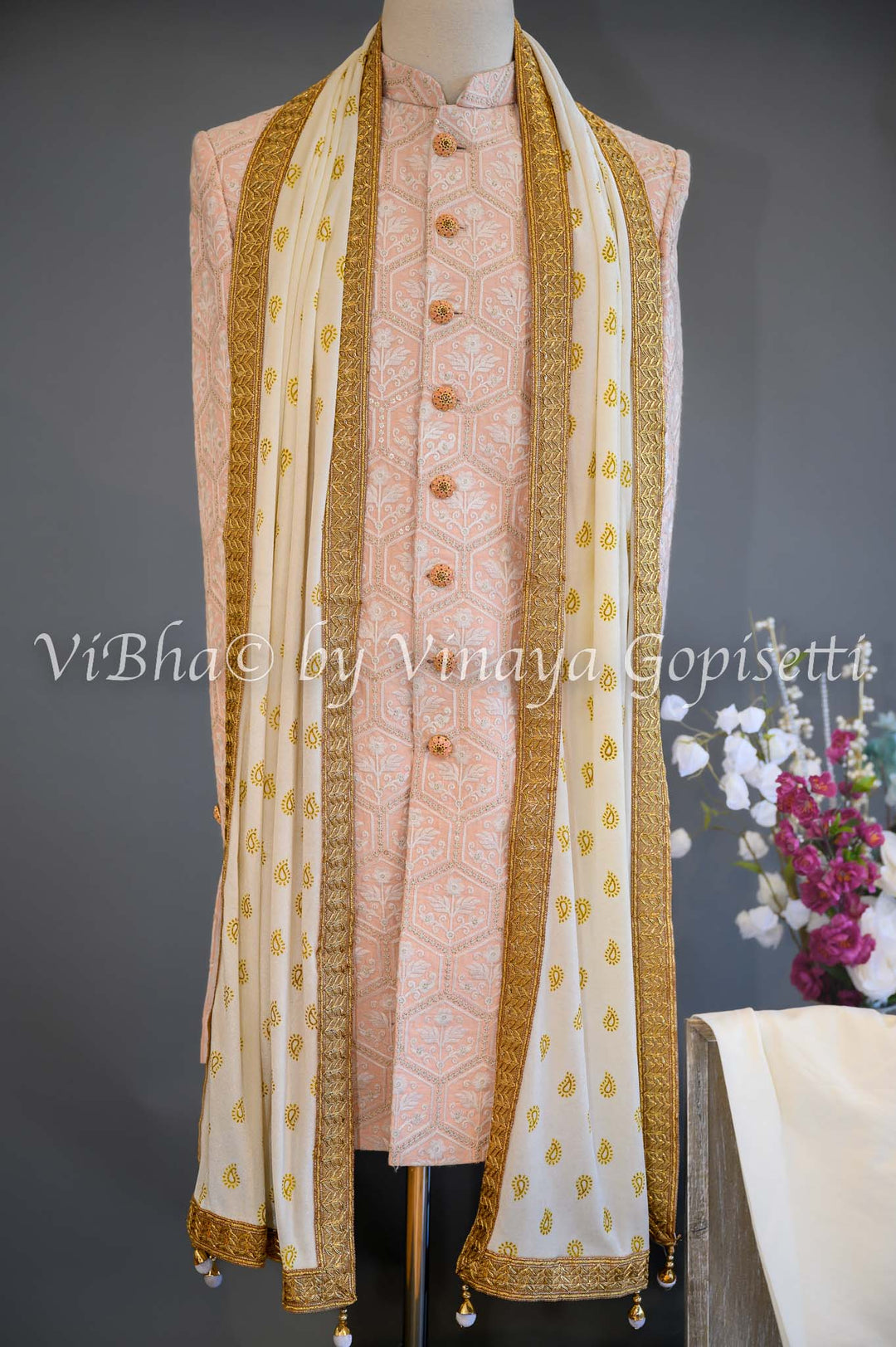 Accessories & Jewelry - Pristine Peach Silk Thread Embroidered Sherwani Set