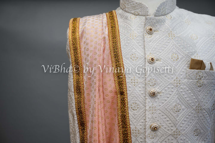 Accessories & Jewelry - Pristine White Silk Thread Embroidered Sherwani Set