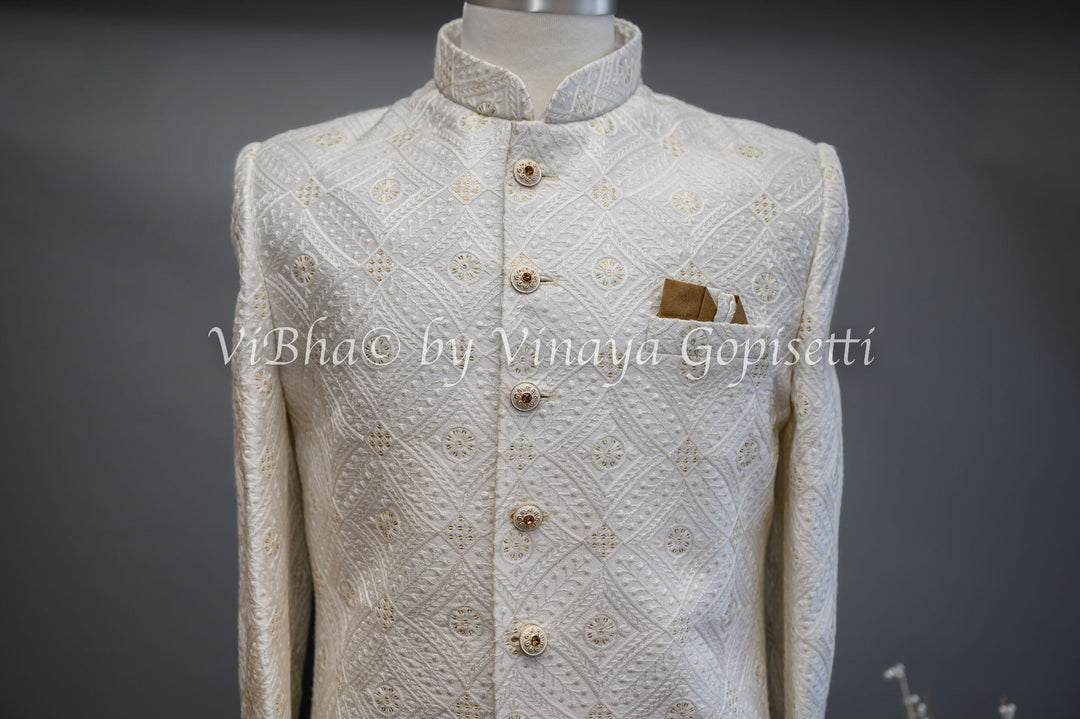 Accessories & Jewelry - Pristine White Silk Thread Embroidered Sherwani Set