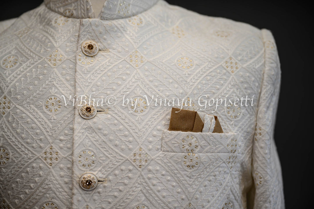 Accessories & Jewelry - Pristine White Silk Thread Embroidered Sherwani Set