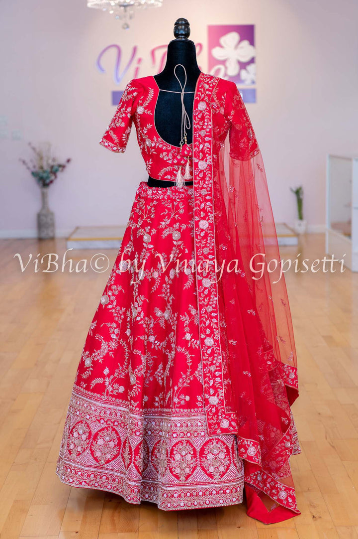 Accessories & Jewelry - Scarlet Red Raw Silk Lehenga Blouse With Heavy Resham And Zardosi Embroidery