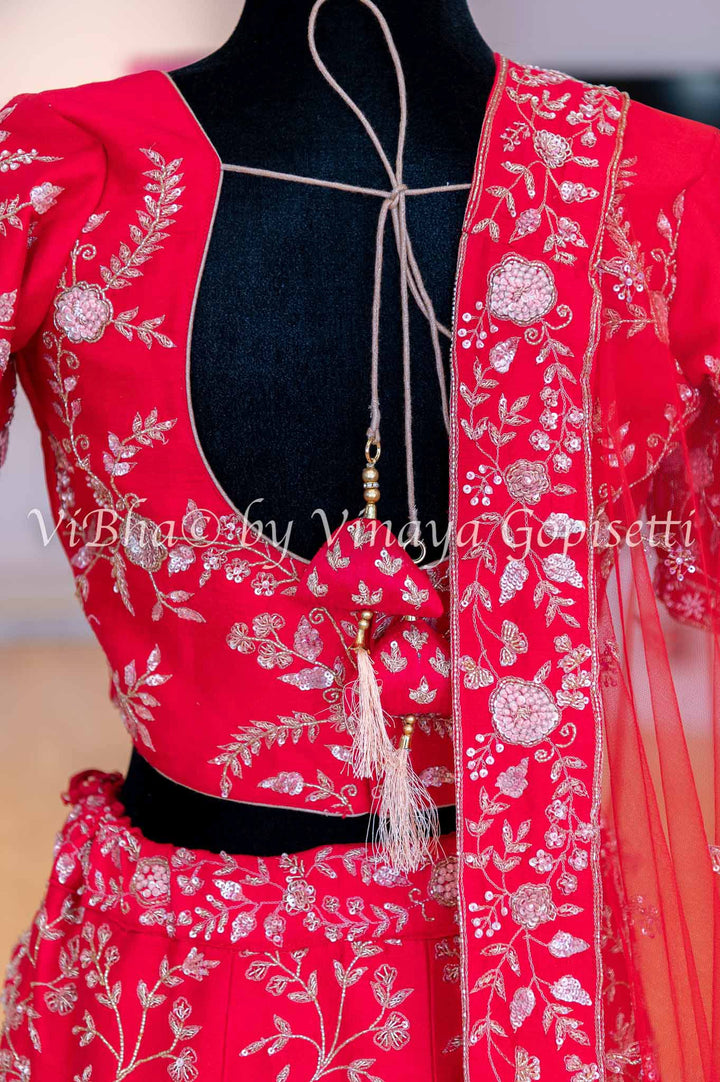 Accessories & Jewelry - Scarlet Red Raw Silk Lehenga Blouse With Heavy Resham And Zardosi Embroidery