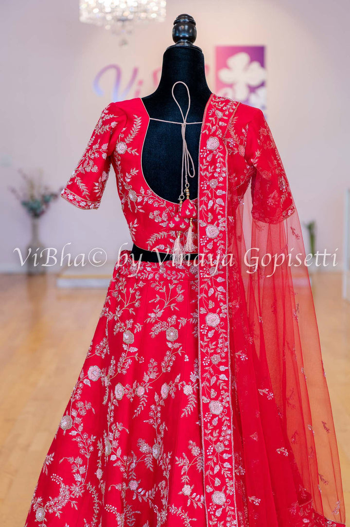 Accessories & Jewelry - Scarlet Red Raw Silk Lehenga Blouse With Heavy Resham And Zardosi Embroidery