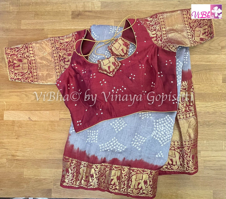 Bandhni Saree - Grey & Maroon Red Kanchi Bandhini Saree