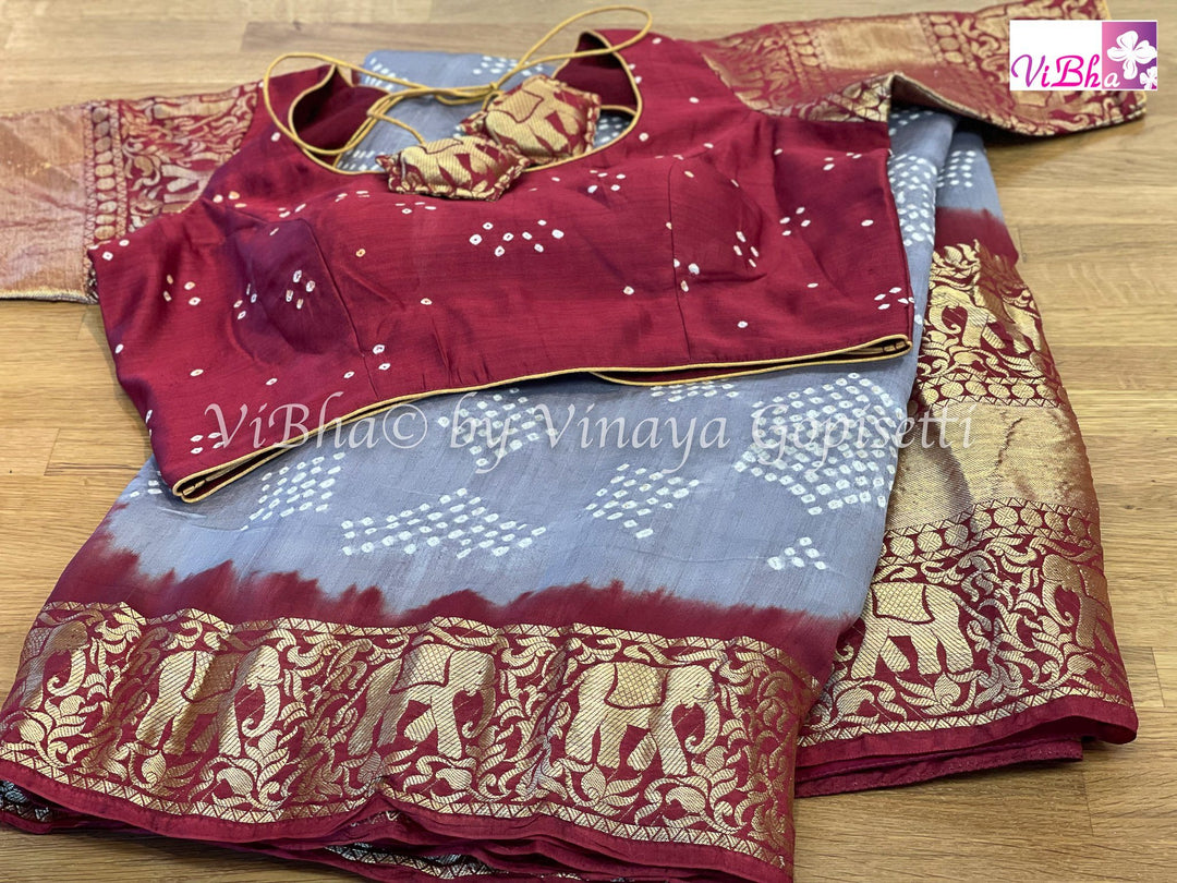 Bandhni Saree - Grey & Maroon Red Kanchi Bandhini Saree