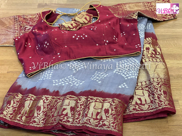 Bandhni Saree - Grey & Maroon Red Kanchi Bandhini Saree