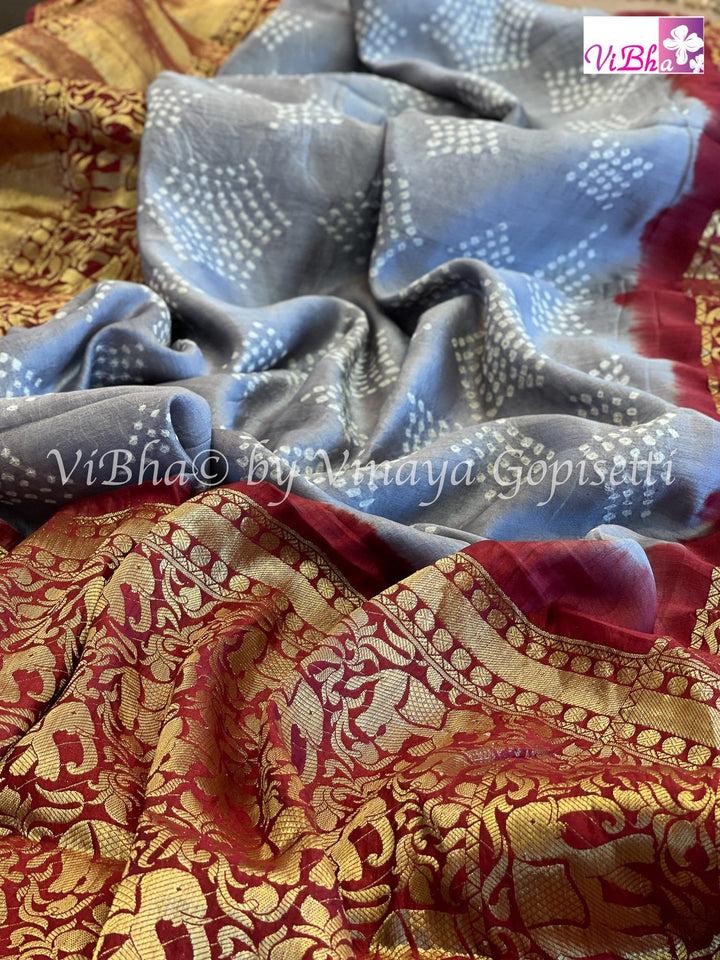 Bandhni Saree - Grey & Maroon Red Kanchi Bandhini Saree