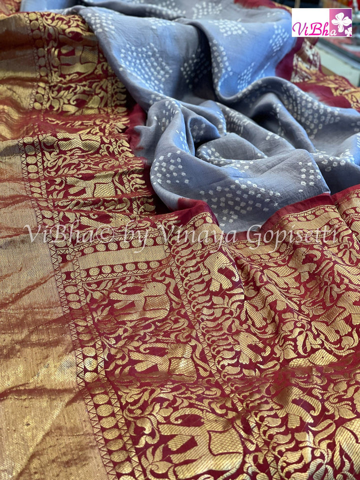 Bandhni Saree - Grey & Maroon Red Kanchi Bandhini Saree