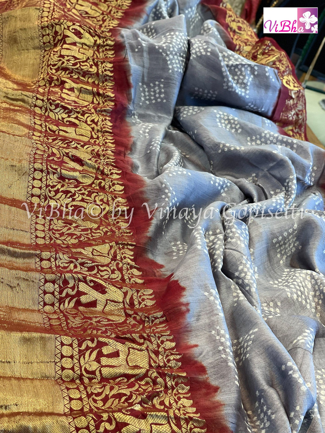 Bandhni Saree - Grey & Maroon Red Kanchi Bandhini Saree