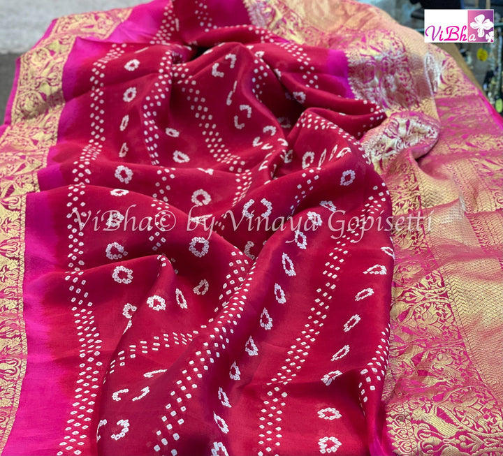 Bandhni Saree - Maroon Red & Pink Kanchi Bandhini Saree