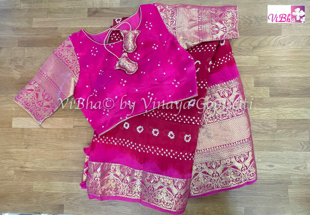 Bandhni Saree - Maroon Red & Pink Kanchi Bandhini Saree