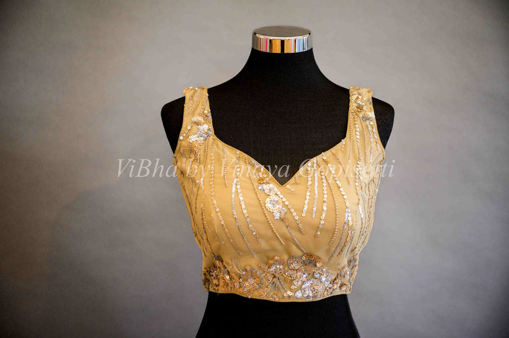 Blouses - Champagne Gold Embroidered Sleeveless Blouse