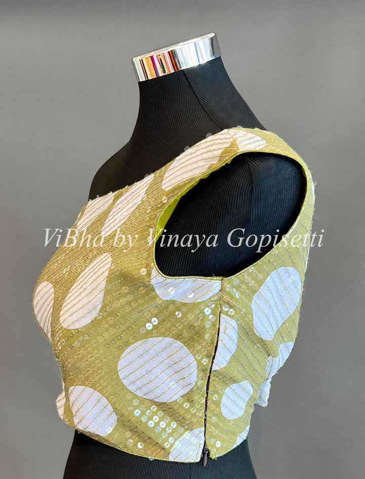 Blouses - Green And White Polka Dots Sequins One Shoulder Blouse