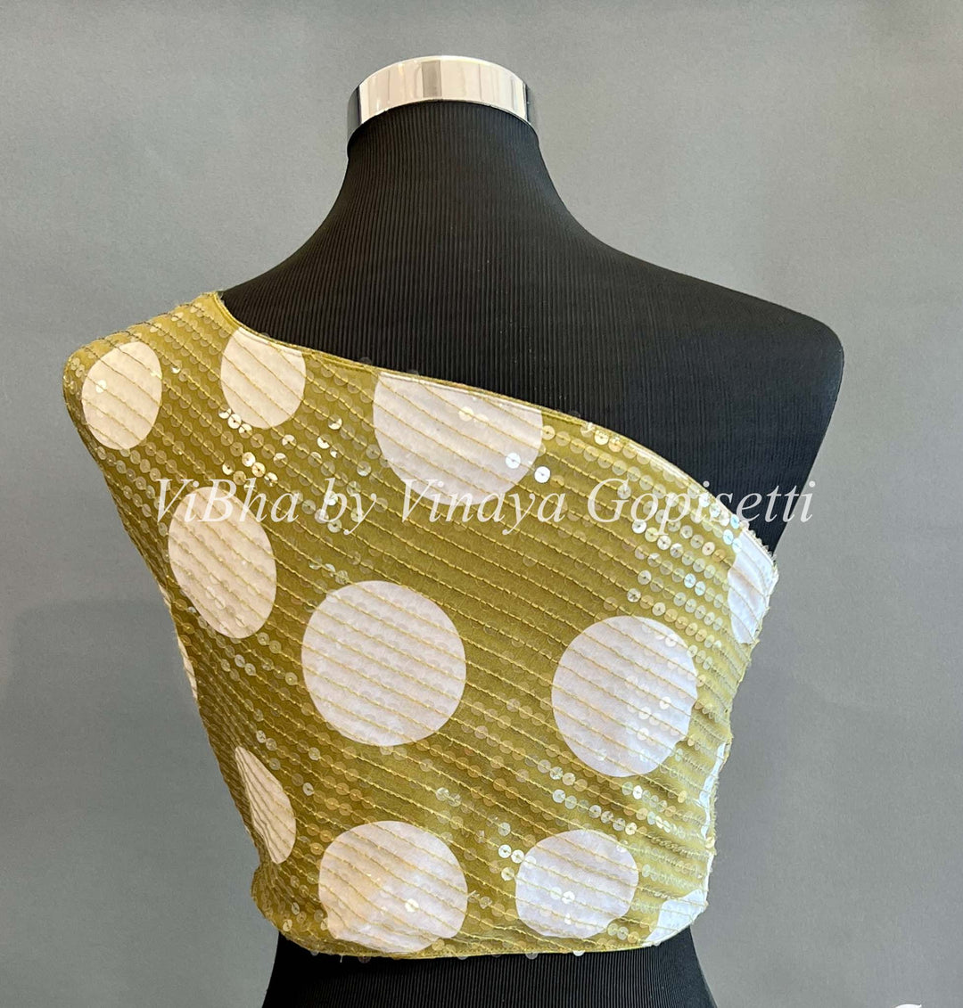 Blouses - Green And White Polka Dots Sequins One Shoulder Blouse