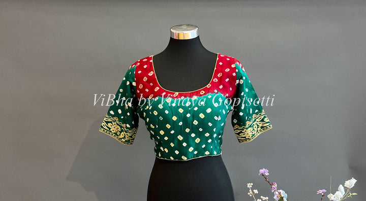 Blouses - Green & Maroon Bandhani Silk Blouse