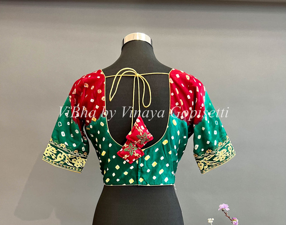 Blouses - Green & Maroon Bandhani Silk Blouse