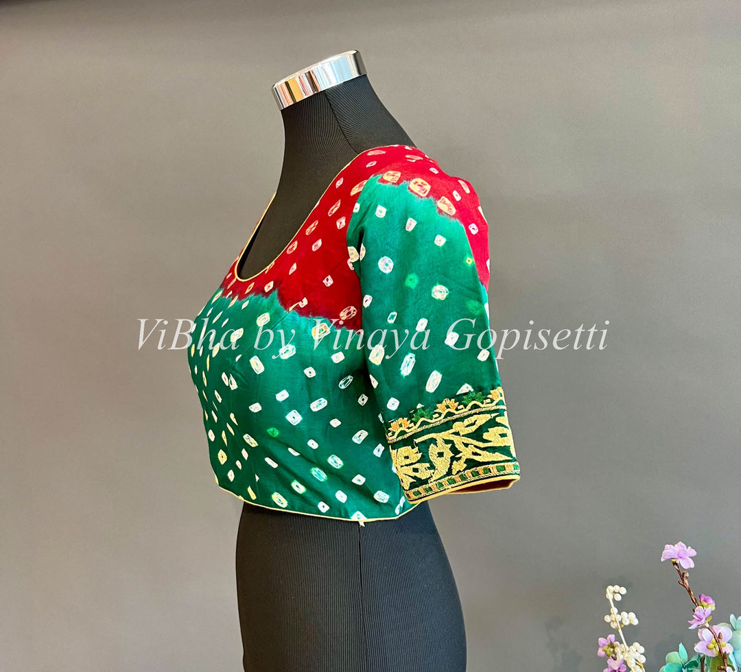 Blouses - Green & Maroon Bandhani Silk Blouse