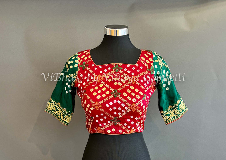 Blouses - Maroon And Green Bandhani Silk Blouse