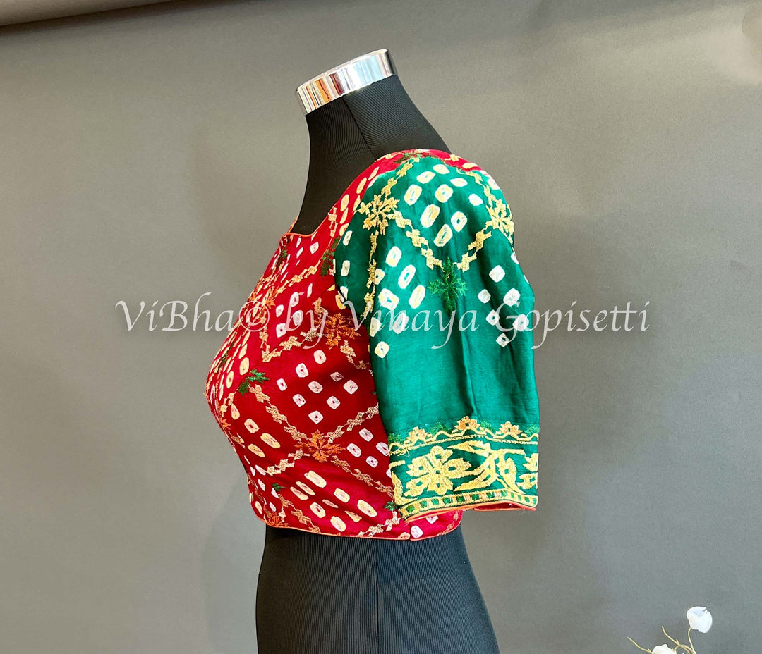 Blouses - Maroon And Green Bandhani Silk Blouse