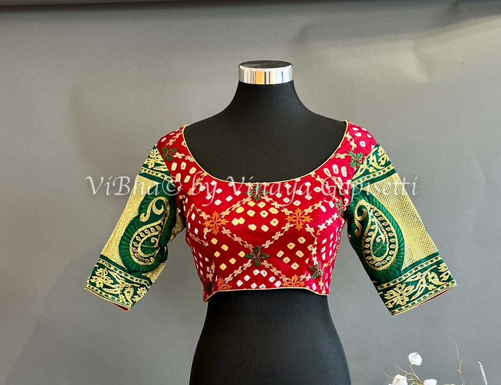 Blouses - Maroon And Green Embroidered Bandhani Silk Blouse