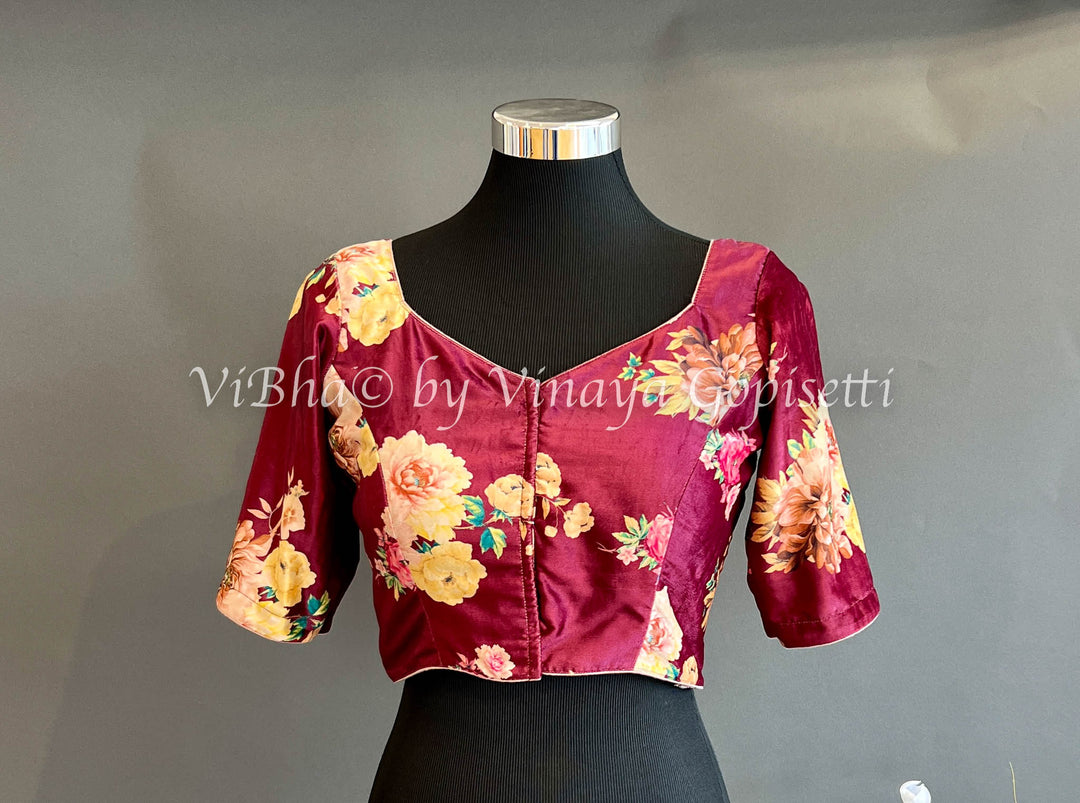 Blouses - Maroon Floral Print Velvet Blouse