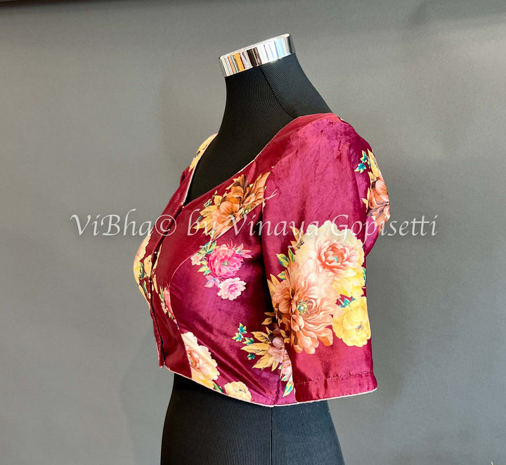 Blouses - Maroon Floral Print Velvet Blouse