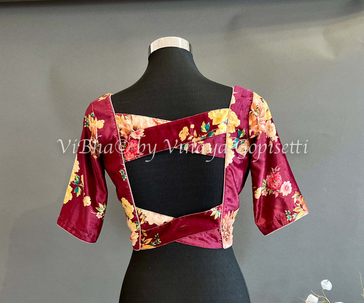 Blouses - Maroon Floral Print Velvet Blouse