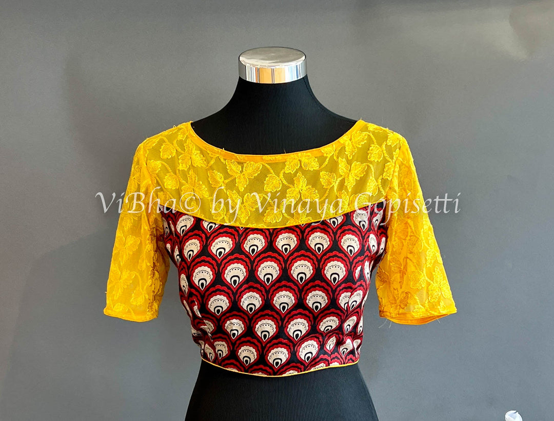 Blouses - Maroon Printed And Yellow Net Blouse