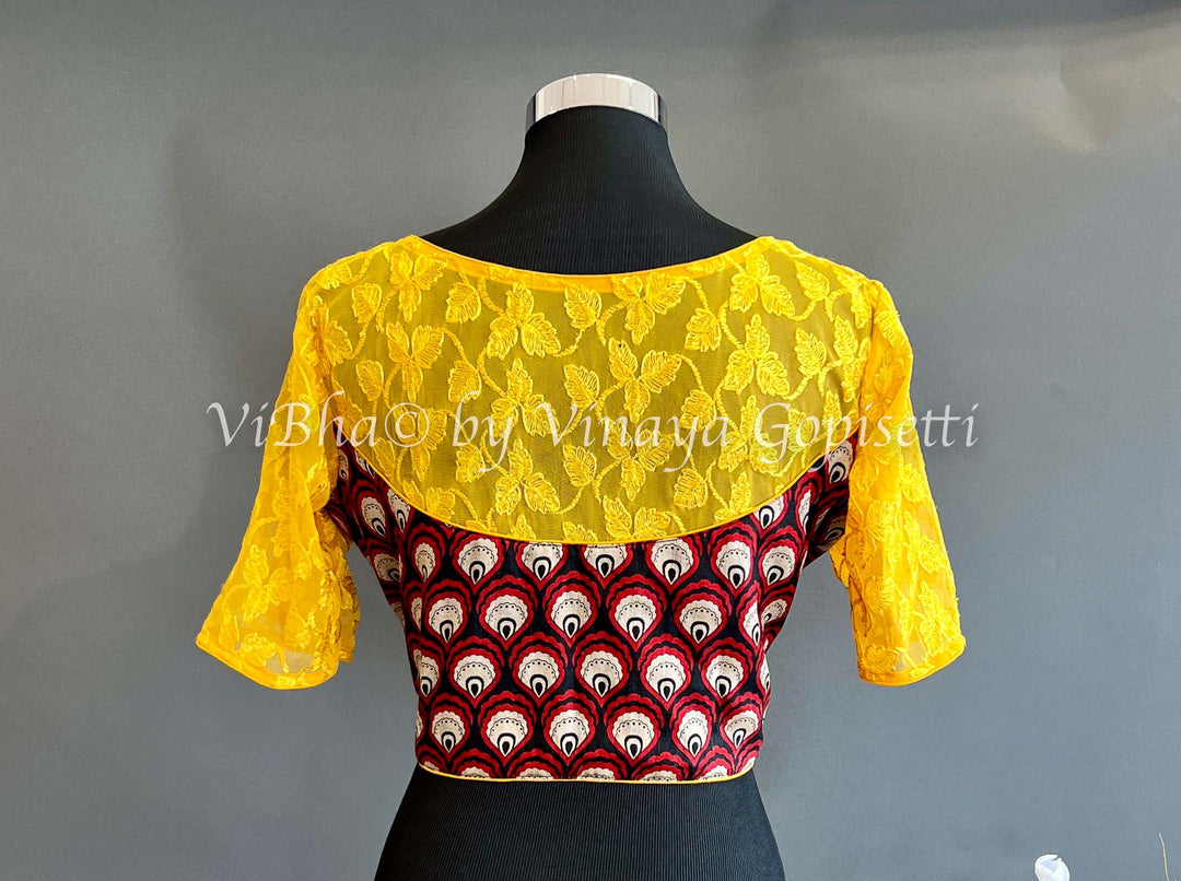 Blouses - Maroon Printed And Yellow Net Blouse