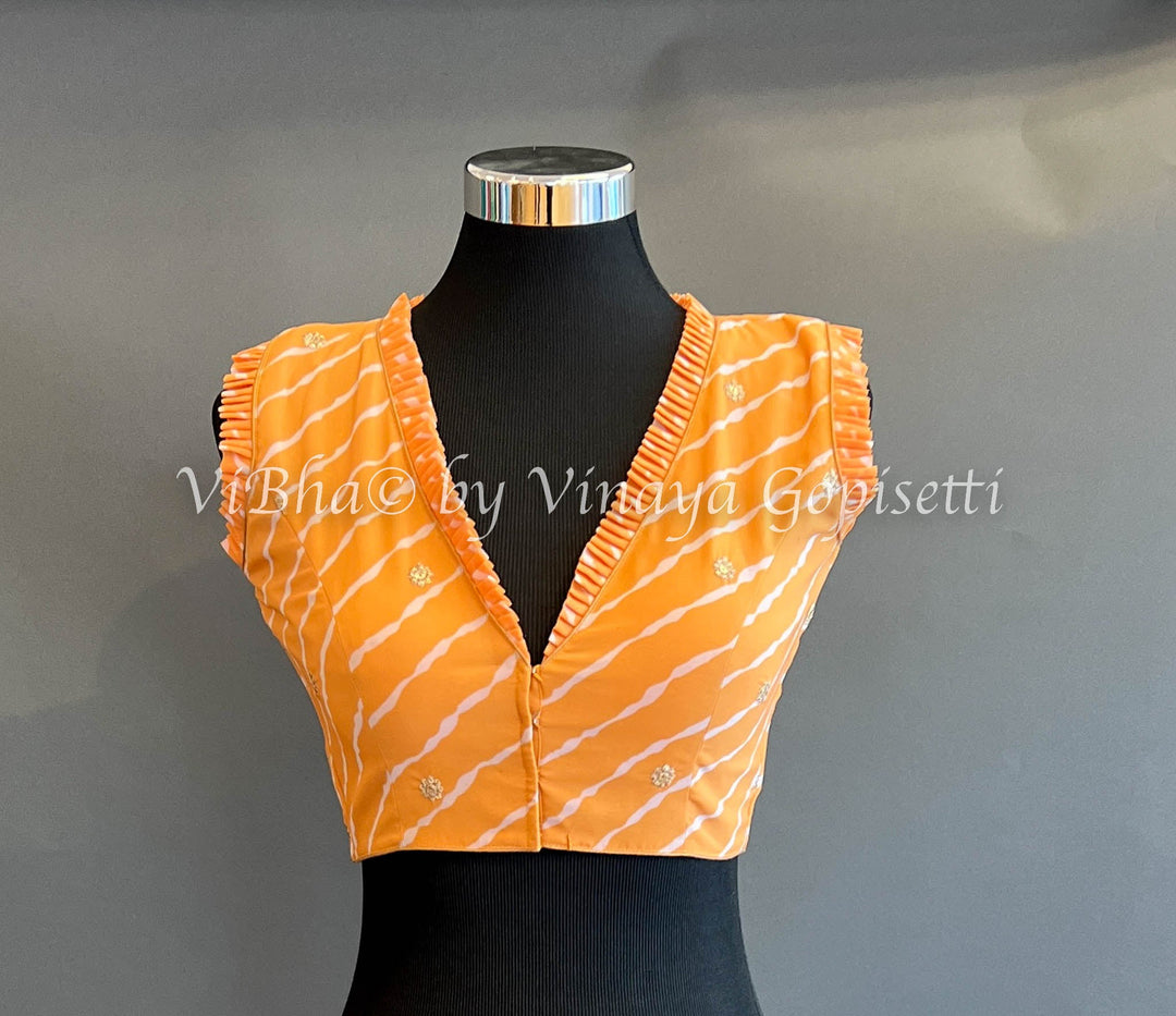 Blouses - Orange Lehariya Blouse With Frilled Neckline And Sleeves