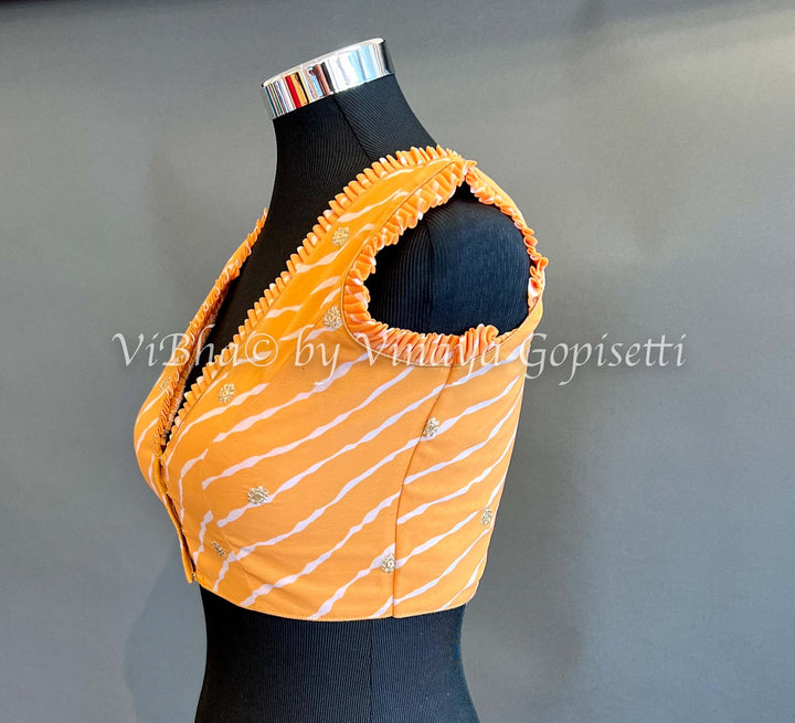 Blouses - Orange Lehariya Blouse With Frilled Neckline And Sleeves