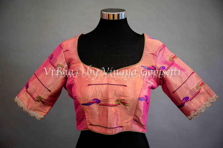 Blouses - Pink Paithani Blouse With Embroidered Sleeve