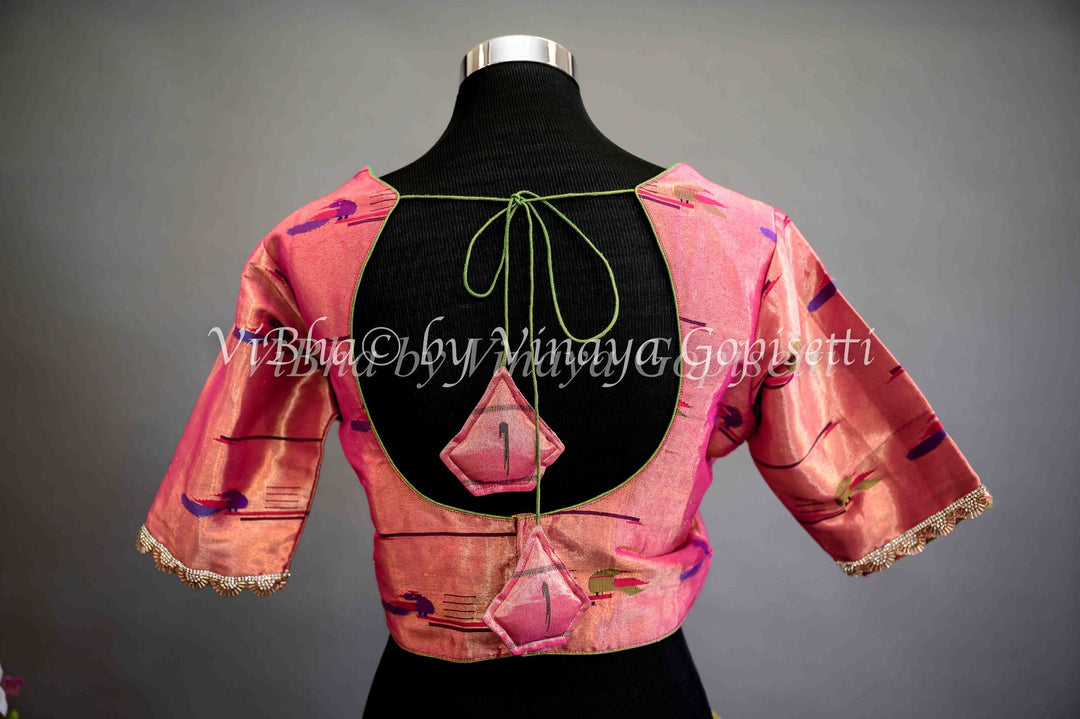 Blouses - Pink Paithani Blouse With Embroidered Sleeve