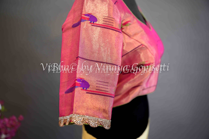 Blouses - Pink Paithani Blouse With Embroidered Sleeve