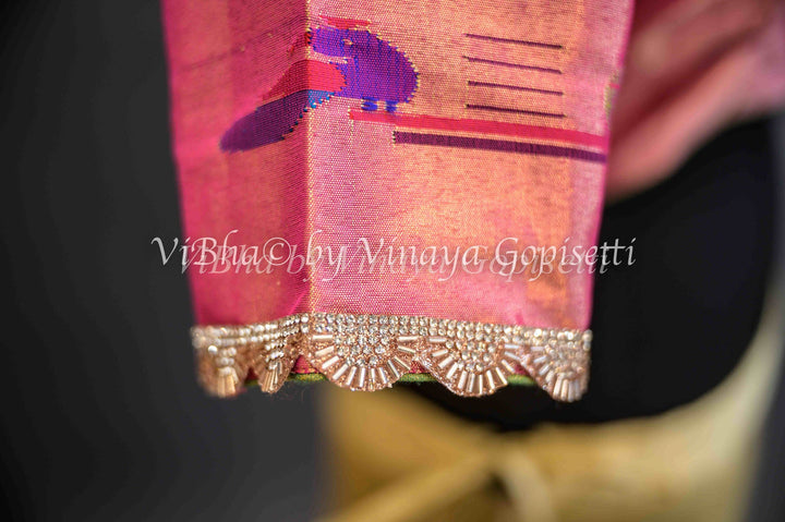 Blouses - Pink Paithani Blouse With Embroidered Sleeve