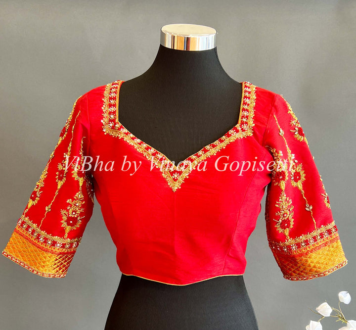 Blouses - Red Embroidered And Border Blouse