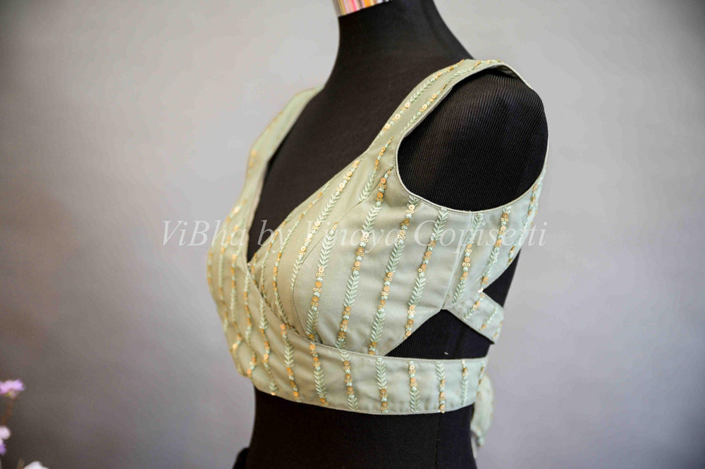 Blouses - Sage Green Sleeveless Embroidered Blouse With V Neckline And Side Cut Outs