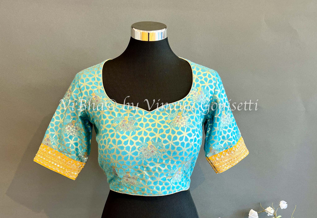 Blouses - Sky Blue And Yellow Benares Brocade Blouse