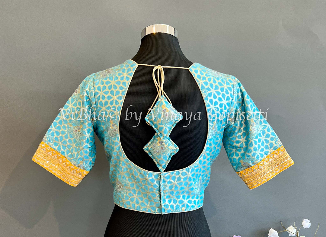 Blouses - Sky Blue And Yellow Benares Brocade Blouse