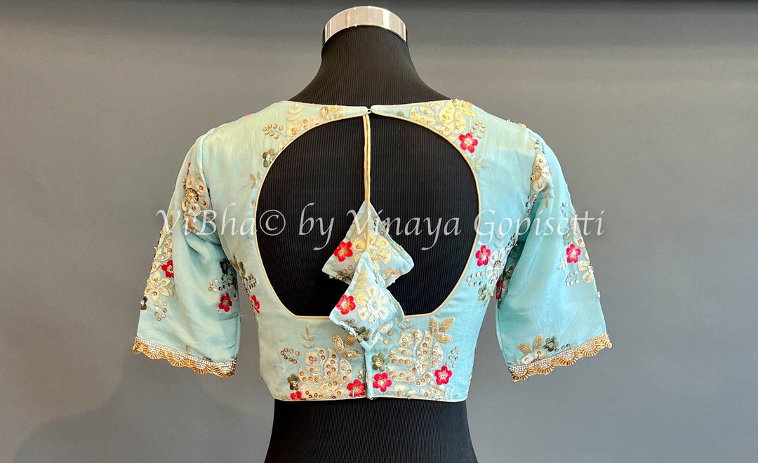 Blouses - Sky-blue Crepe Embroidered Blouse