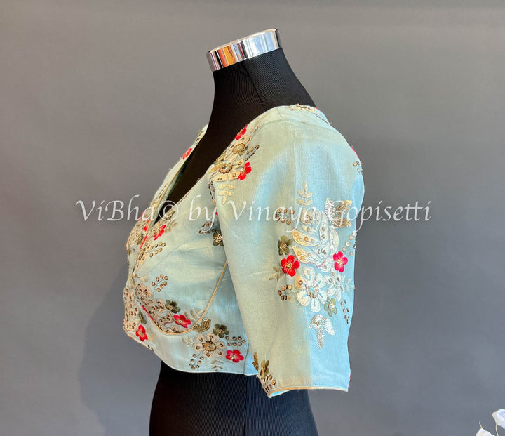 Blouses - Sky Blue Crepe Embroidered Blouse