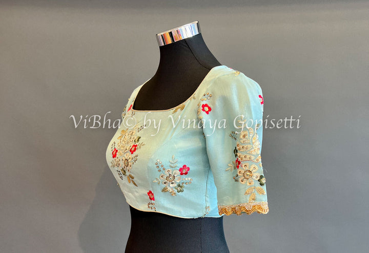 Blouses - Sky-blue Crepe Embroidered Blouse