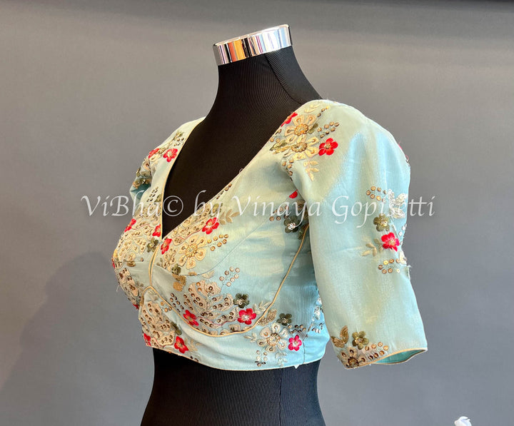 Blouses - Sky Blue Crepe Embroidered Blouse