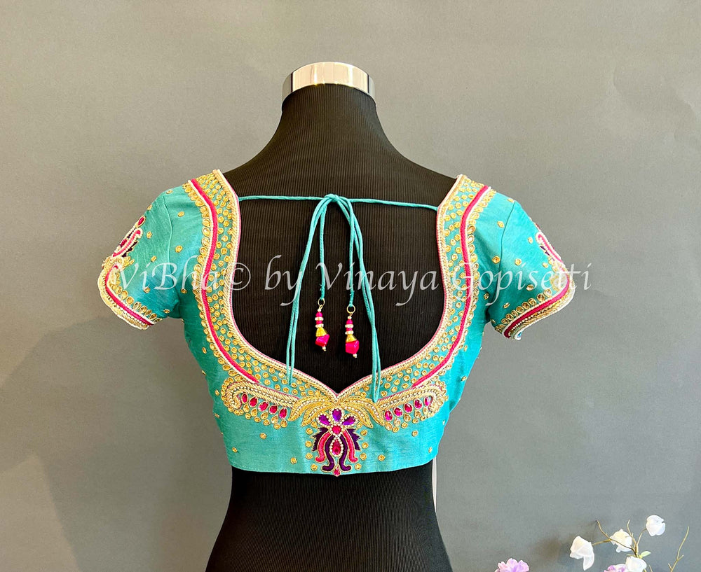 Blouses - Sky Blue With Pink Embroidered Blouse